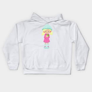 Girl In Raincoat, Boots, Frog, Blonde Hair Kids Hoodie